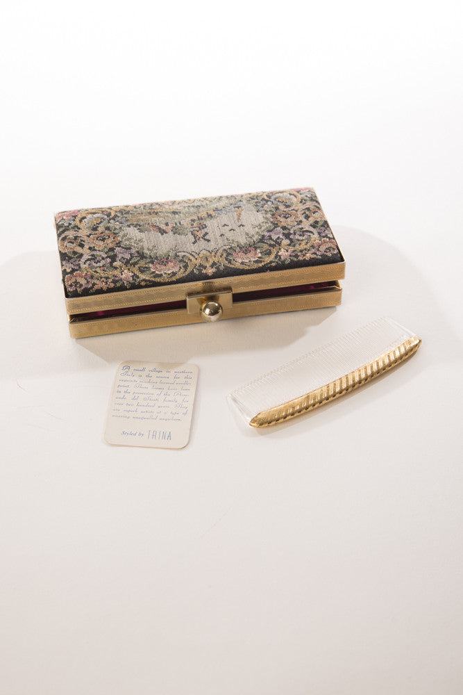 Victorian purse tapestry bag with intricate needlepoint design, vintage accessory.