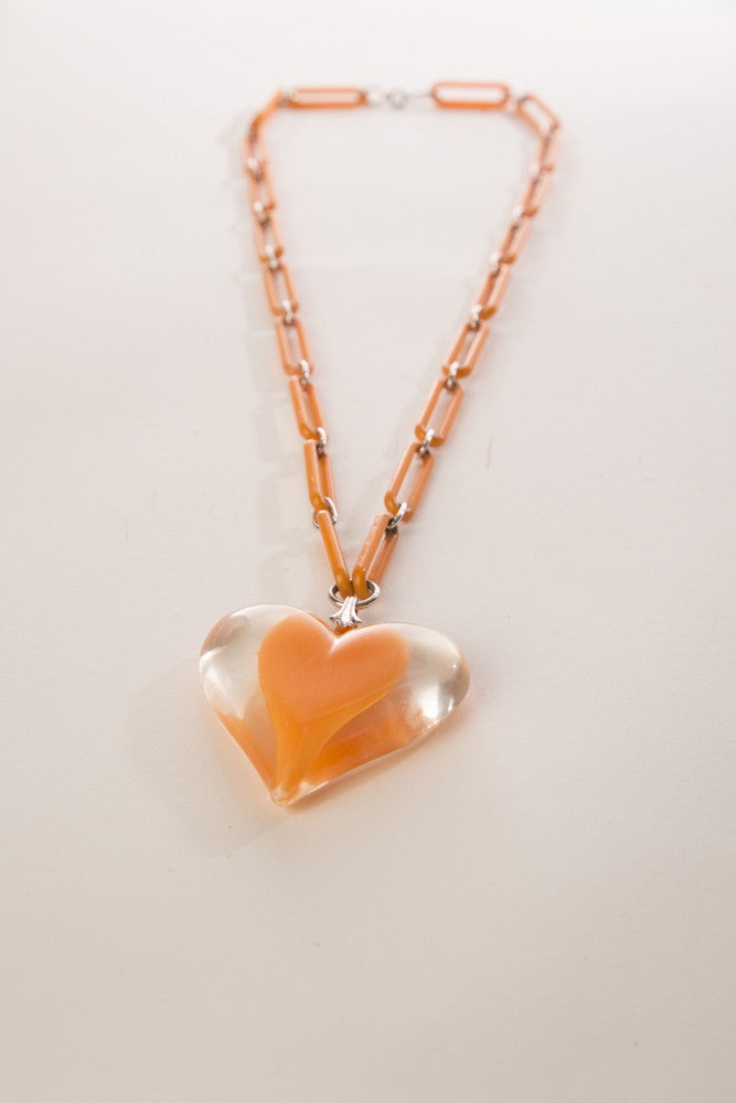Vintage Plastic Jewelry Link Chain Necklace Large Heart Pendant