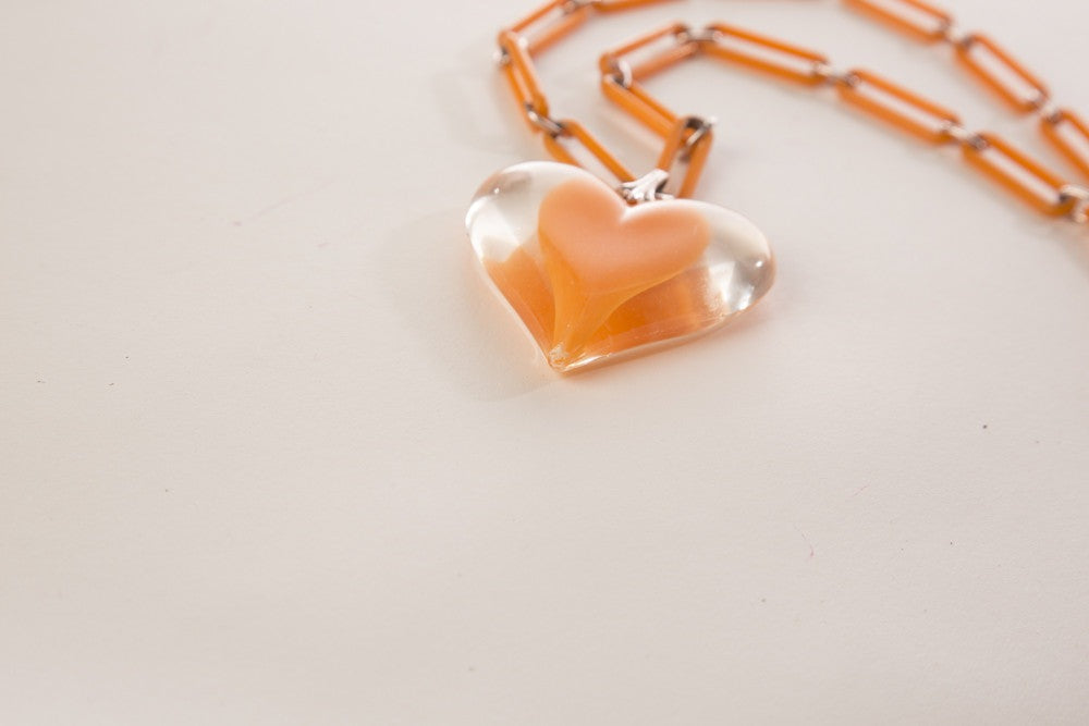 Vintage Plastic Jewelry Link Chain Necklace Large Heart Pendant