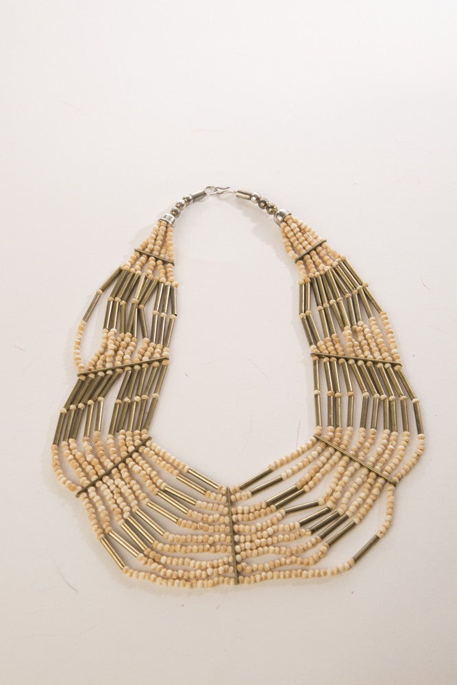 Ethnic Bib Necklace Seed Beads Brass Beaded Vintage Jewelry