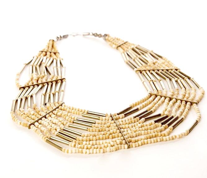 Ethnic Bib Necklace Seed Beads Brass Beaded Vintage Jewelry