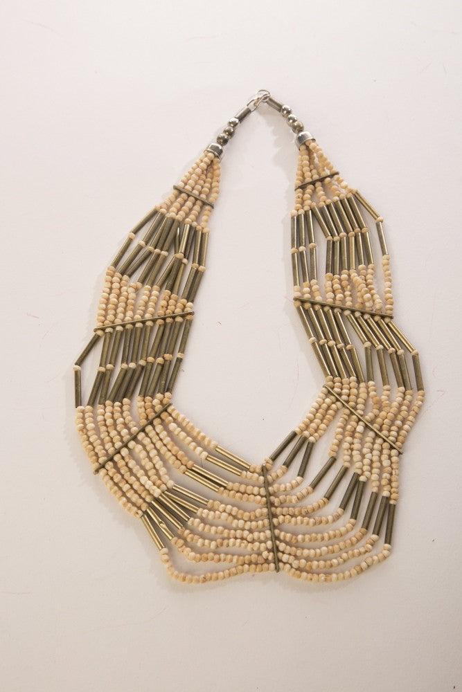 Ethnic Bib Necklace Seed Beads Brass Beaded Vintage Jewelry
