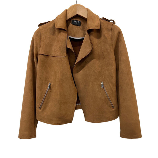 Tahari Biker Jacket Faux Suede Camel Faux Leather Coat