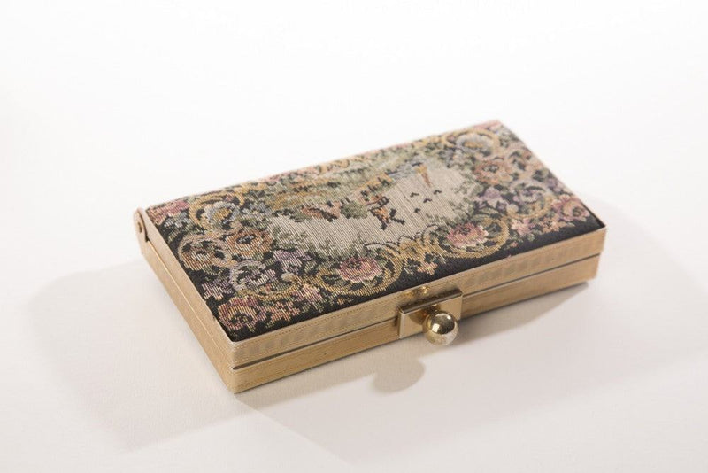 Victorian purse tapestry bag with intricate needlepoint design, vintage Italian accessory.