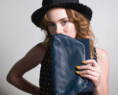 Navy Italian Leather Clutch Bag Vintage Accessories