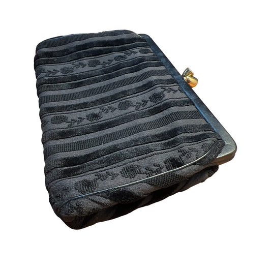 Vintage Ronay Purse Floral Tapestry Textured Black Clutch Bag