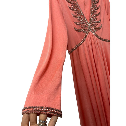 Vintage Jack Brian 1970 Maxi Dress Salmon Pink Beaded Special Evening