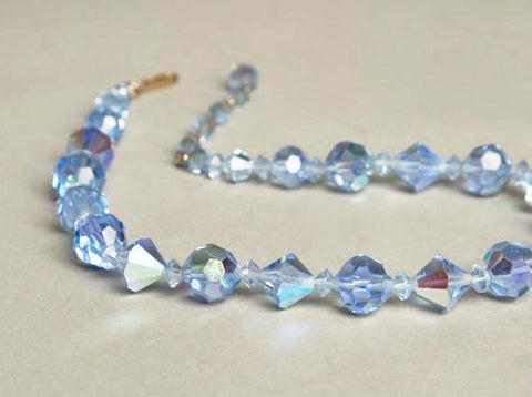 Blue Choker Necklace Crystal Glass Beaded Necklace Vintage Jewelry