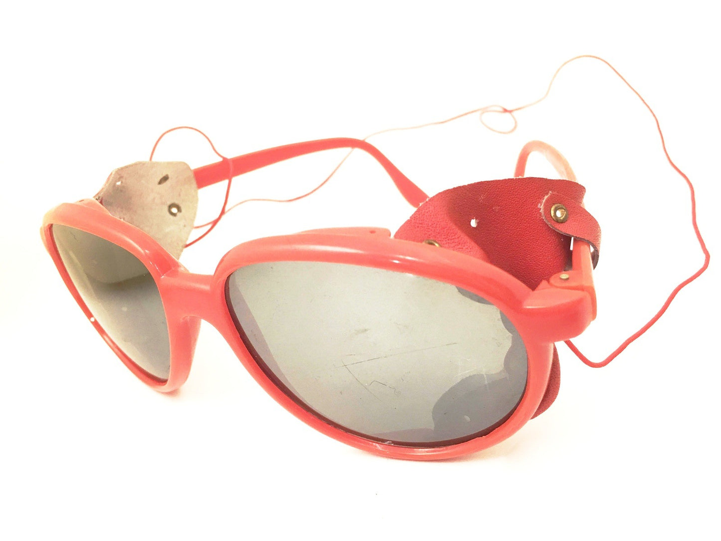 Red Aviator Sunglasses Vintage Eyewear Leather sides Mirrored Lenses