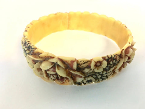 Carved Celluloid Floral Bangle Bracelet Vintage Plastic Jewelry