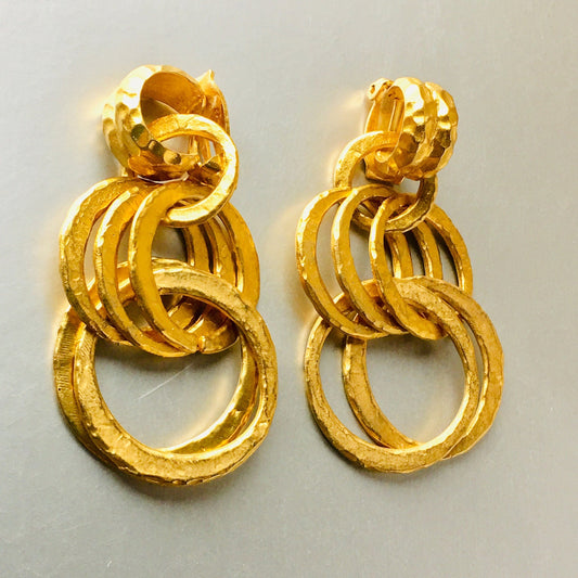 Golden Brushed Hammered Hoops Dangling Clip on Earrings Vintage Jewelry