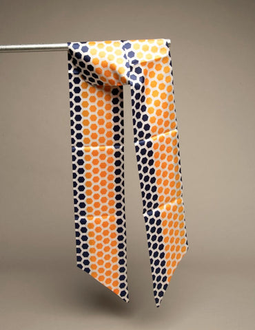 Vintage Scarf Long Orange Navy Blue White Polka Dots