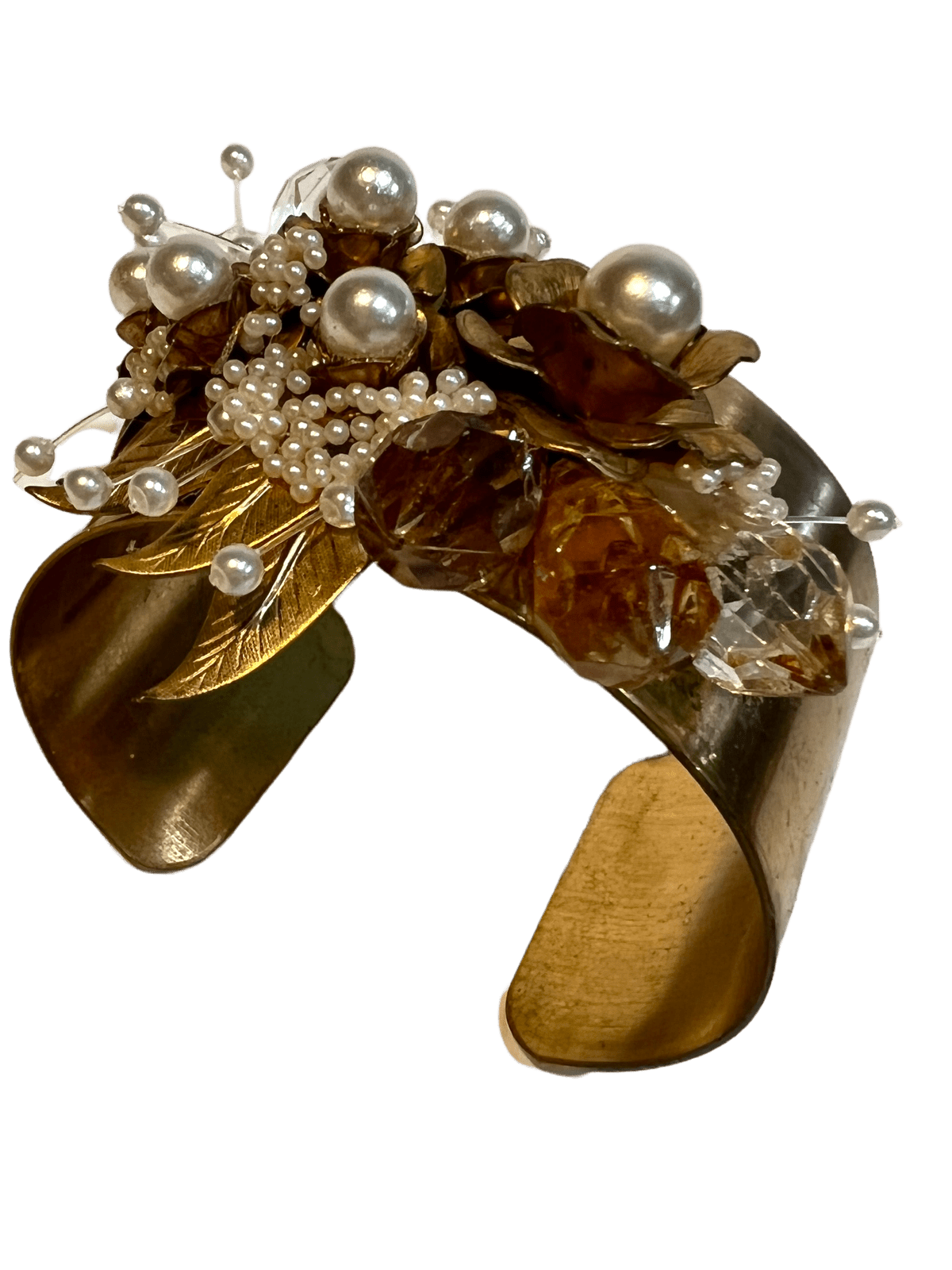 Sculptural Floral Design Pearls Cuff Bracelet