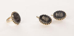 Vintage Jewelry Set of Cameo Intaglio Black Golden Clip on Earring and Ring