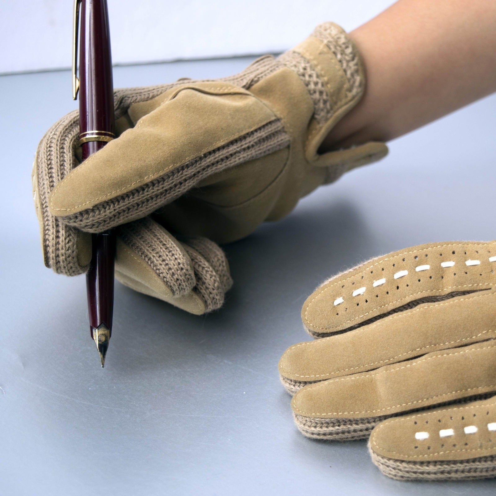 Tan Vinyl Sueded Gloves Vintage Accessory