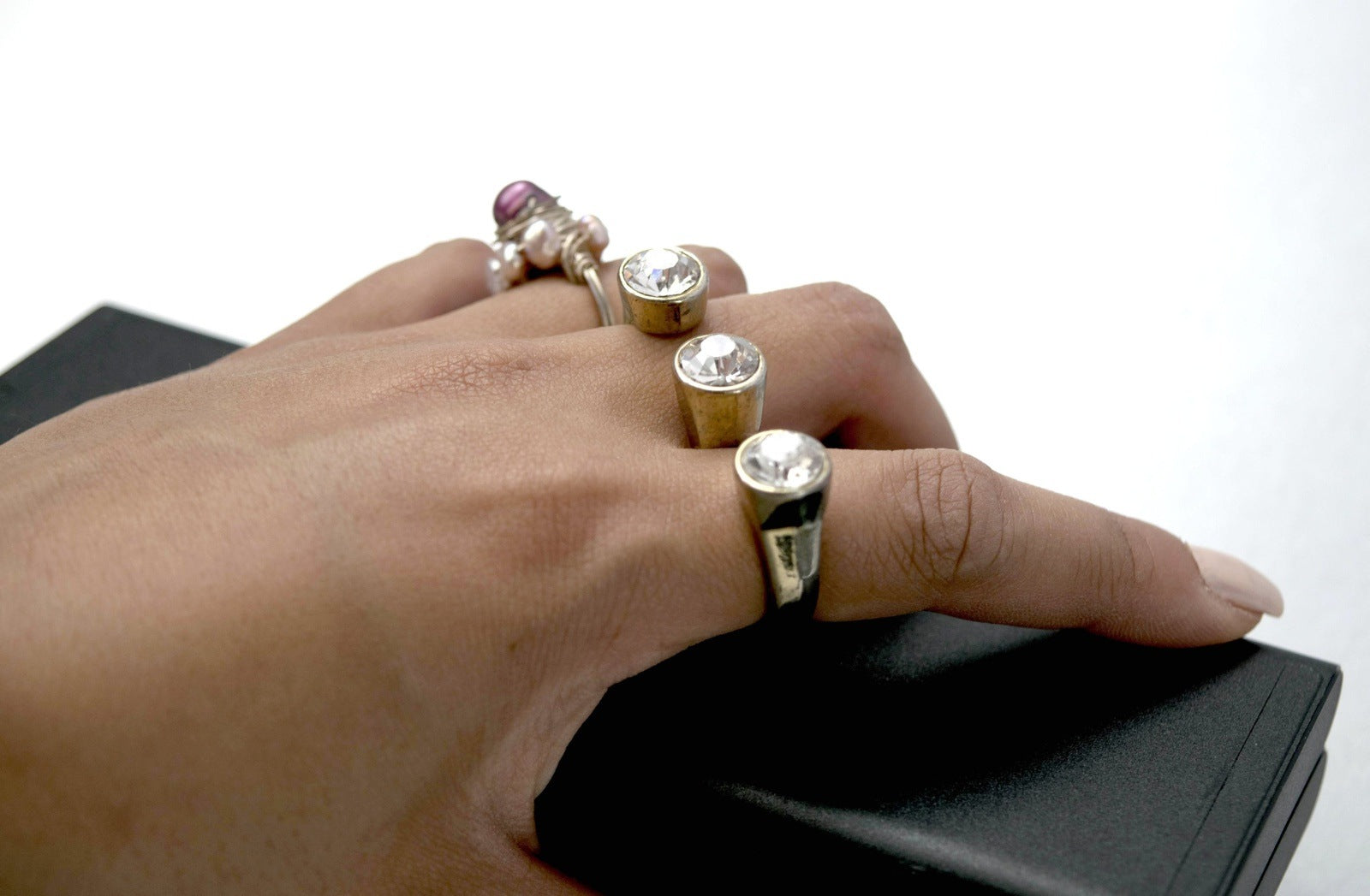 Triple Rhinestones Dual Knuckle Ring Vintage Jewelry