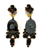 Jet Black Dangle Clip on Earrings Czech Vintage Jewelry